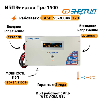 Энергия ИБП Про 1500 12В - ИБП и АКБ - ИБП для котлов - Магазин стабилизаторов напряжения Ток-Про